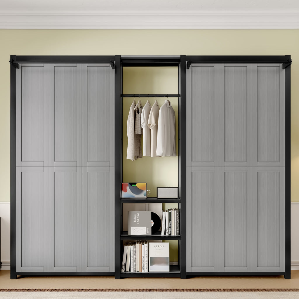 Twin and Twin Murphy Bed, Metal Foldable Murphy Bed with Wardrobe, Shelves and Power Outlets, 2 in 1 Design, Space-saving, Gray