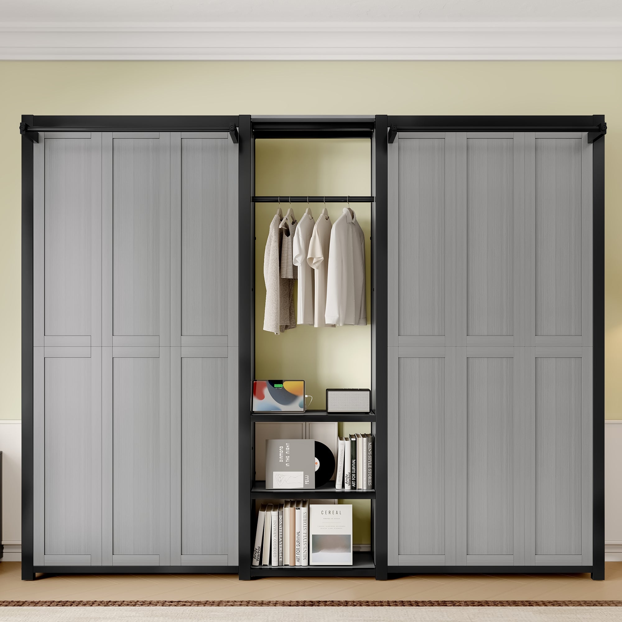 Twin and Twin Murphy Bed, Metal Foldable Murphy Bed with Wardrobe, Shelves and Power Outlets, 2 in 1 Design, Space-saving, Gray