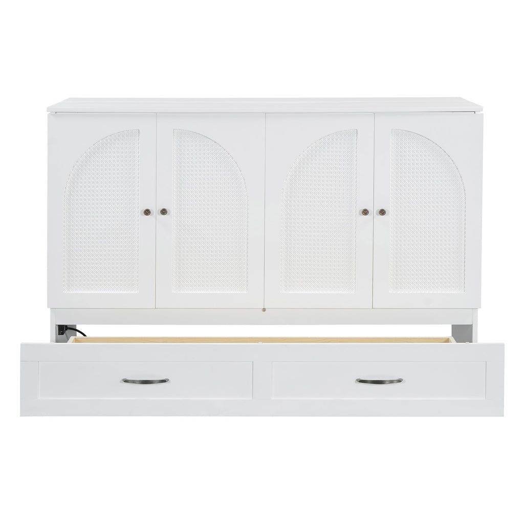 Queen Size Murphy Bed with Large Drawers, White