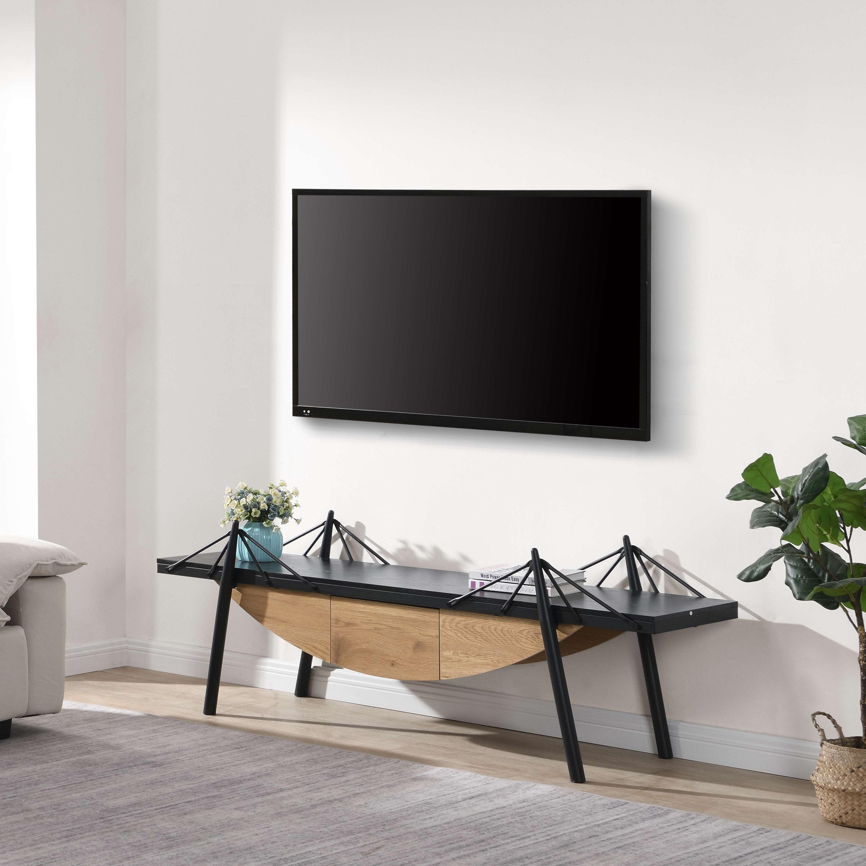 Sailboat-Shaped TV Stand, 70.87 inch Modern Entertainment Center with Drawer, MDF Wood Media Console Table, Unique Nautical Design, Sturdy Metal Support, Storage Cabinet for Living Room and Office