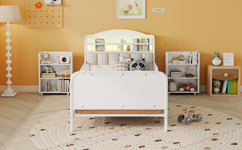 Twin Size Metal Platform Bed Frame with Light, Kids Twin Metal Bed with Upholstered and Pull Out Storage Shelves, White (Expect Arrival Date 2025/10/5)