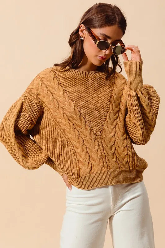 SO ME Mineral Washed Loose Fit Textured Cable Sweater