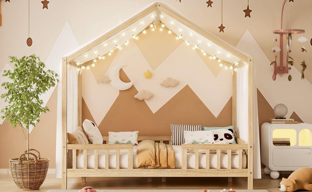 Montessori Floor Bed with Canopy, Full Bed Frame for Kids, House Shape Kids Bed Frame with High Railings, Wood Kids Bed with Roof, Kid Full Bed, Natural