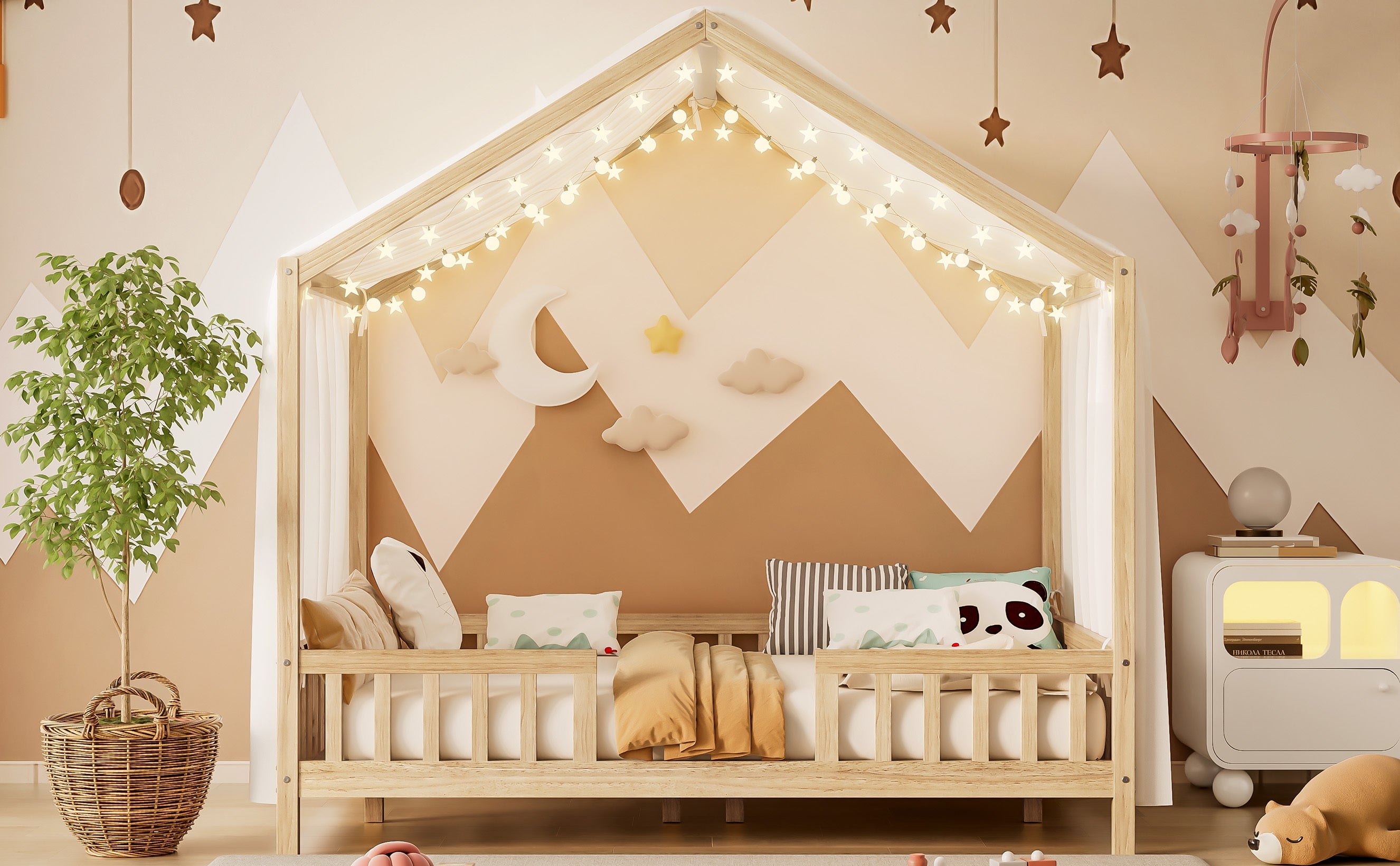 Montessori Floor Bed with Canopy, Full Bed Frame for Kids, House Shape Kids Bed Frame with High Railings, Wood Kids Bed with Roof, Kid Full Bed, Natural