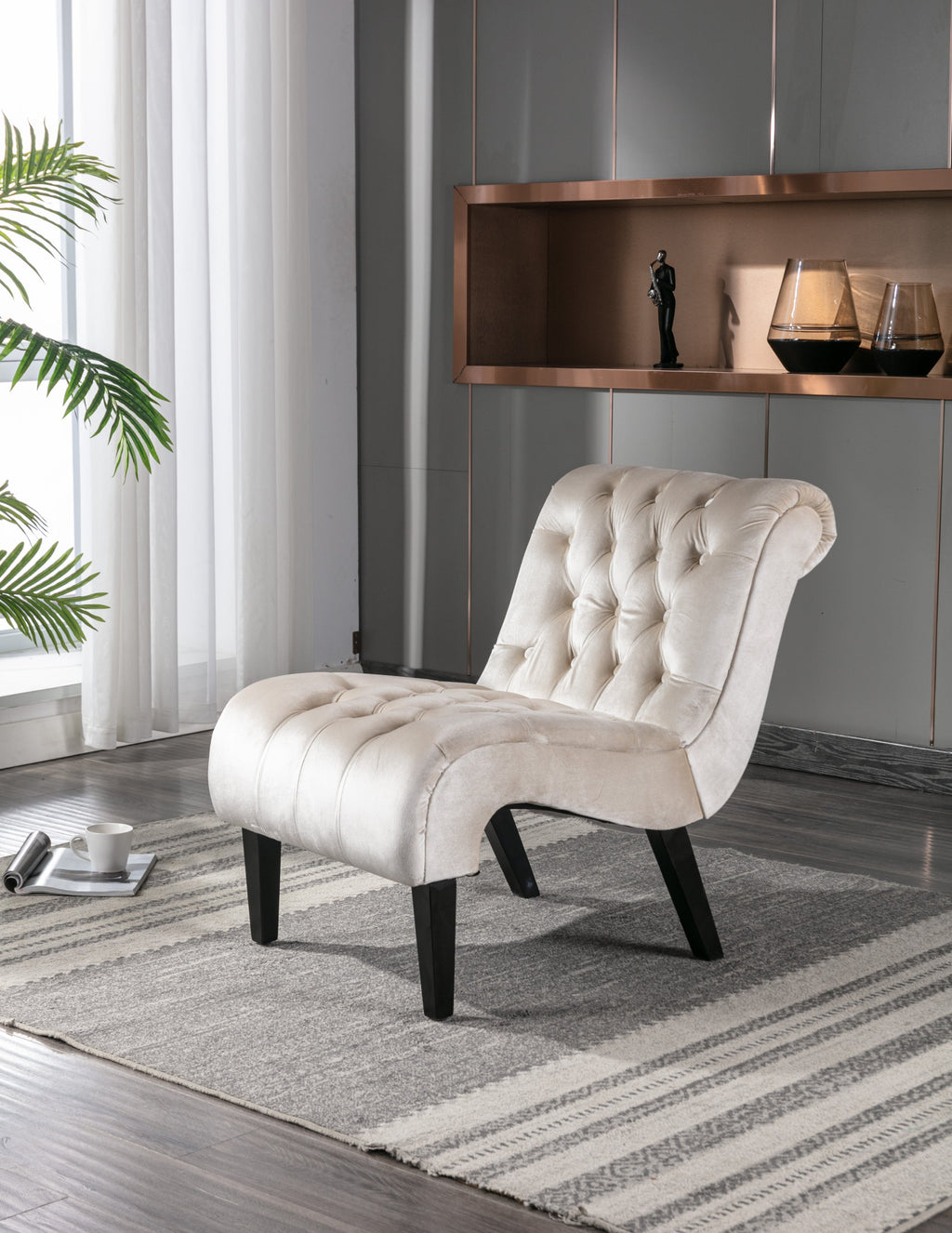 COOLMORE Modern Velvet Armless Accent Living Room Chair / Leisure Chair,Upholstered Fabric Button Comfortable Chair with Wooden Legs for Bedroom, Living Room, Office (Beige Velvet)