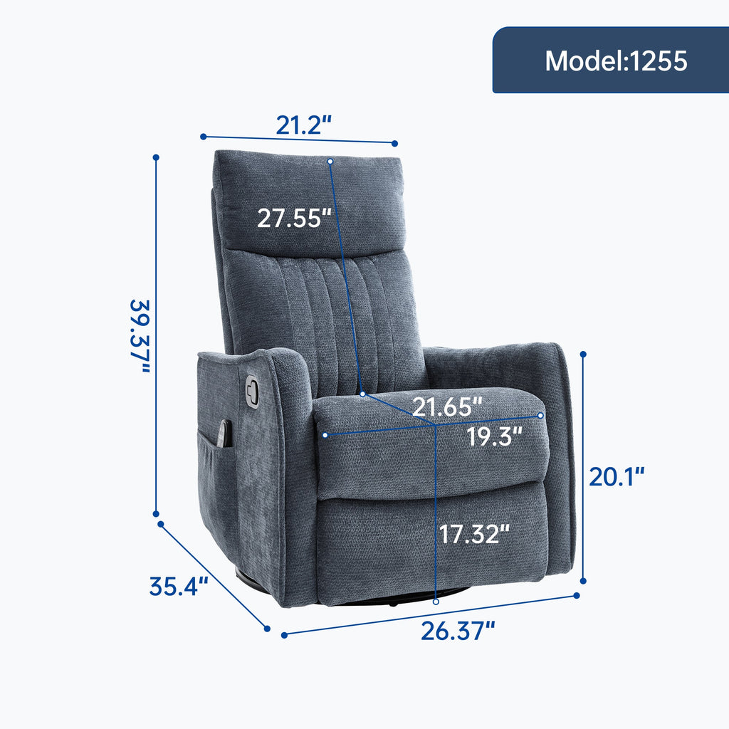 Blue Heat Massage Manual Recliner Chair with Rocker and Swivel in Fabric for Living Room