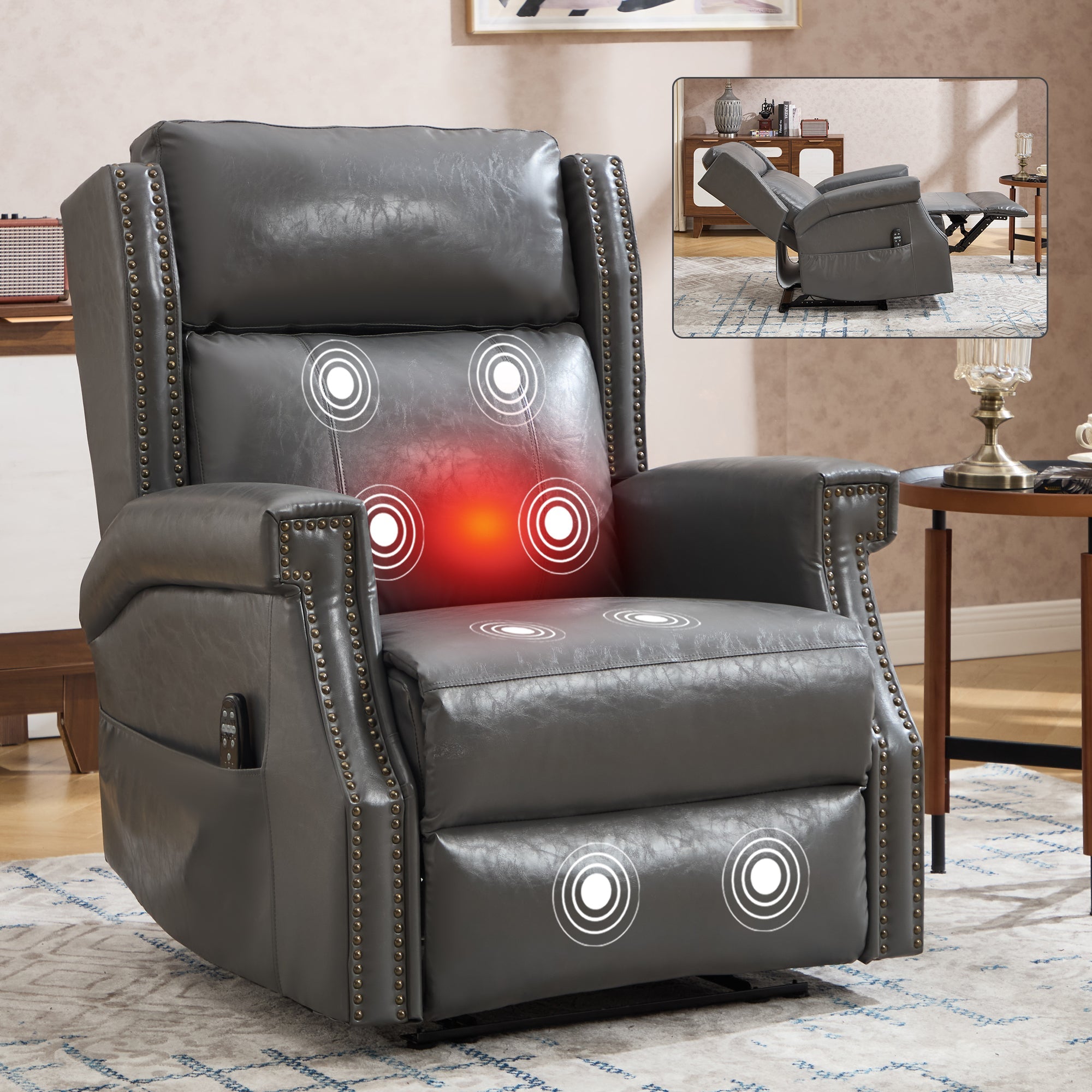 Grey Manual Recliner Chair in Faux Leather for Living Room with Heavy Duty Motion Mechanism, 8 vibrating nodes and 3 massage modes.