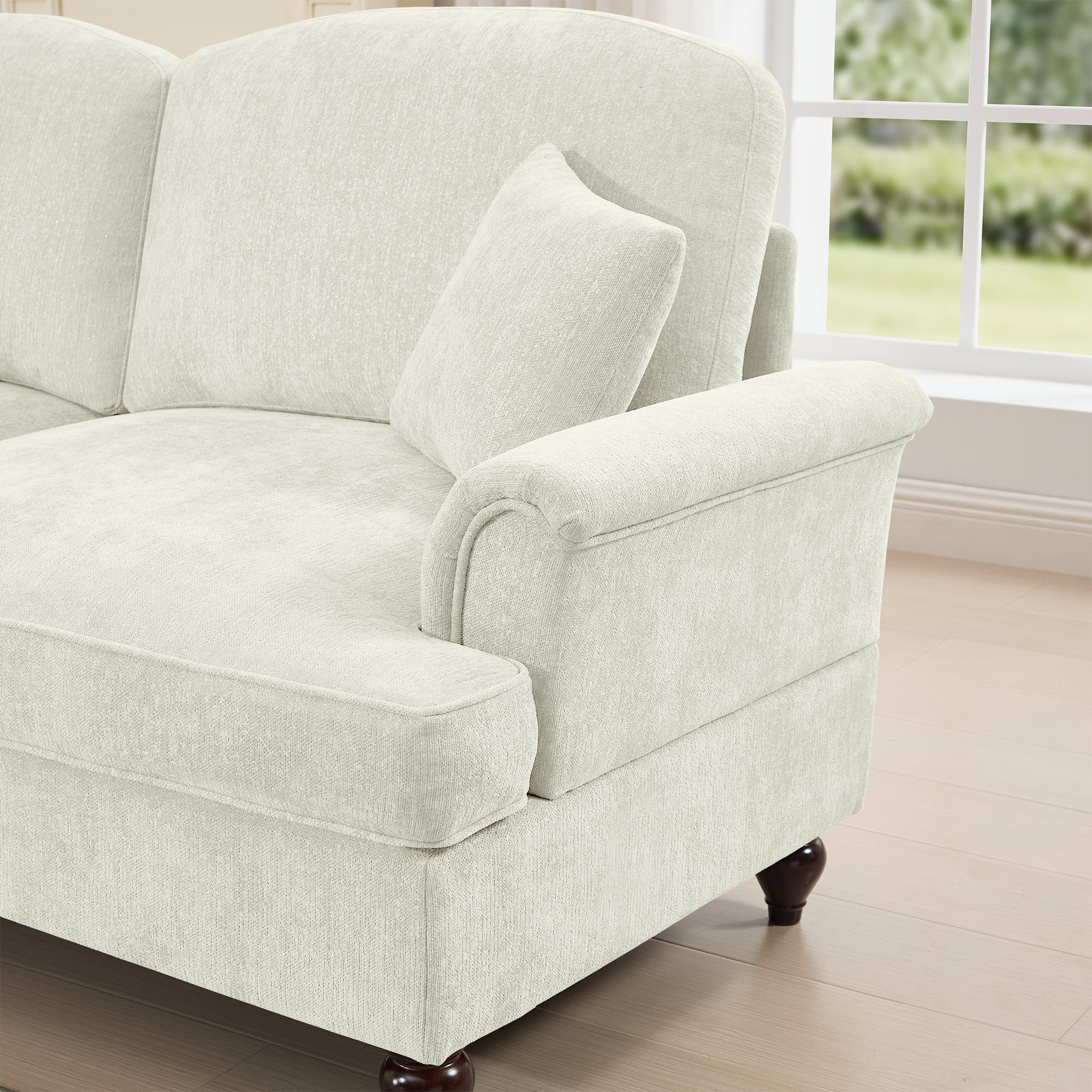 Mid Century Three Seater Modular L Shaped Sectional Couch with Flared Arms and Removable Ruffles Pleats Skirts and Spindle Legs, Comfy Chenille 3-Seat Deep Seat Sofa with Movable Ottoman, Beige White