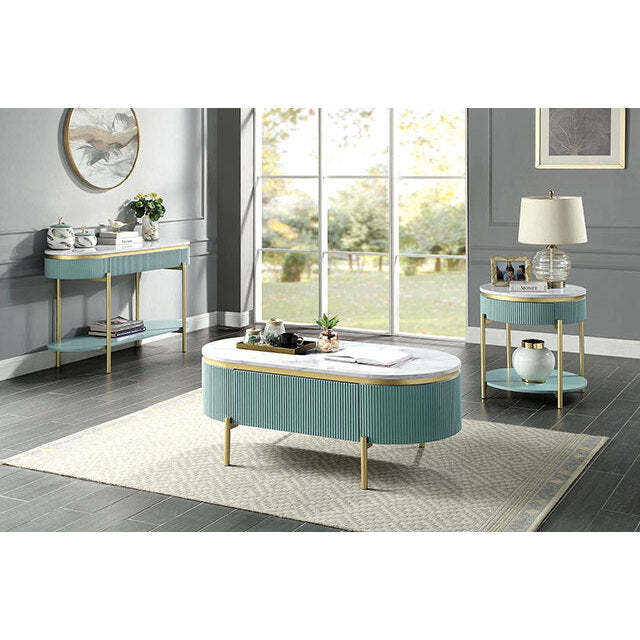 Glam Contemporary Light Teal 1pc Coffee Table White Faux Marble Top Living Room Table W Drawer