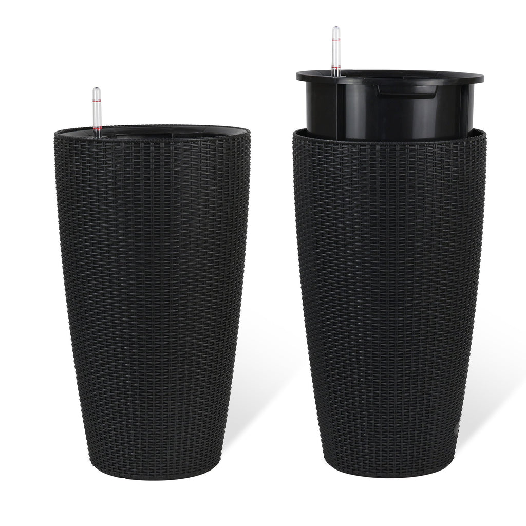 Faux Rattan Tall Planters Set with Water Level Monitor and Auto Watering, Black, Polypropylene, 22 Inch