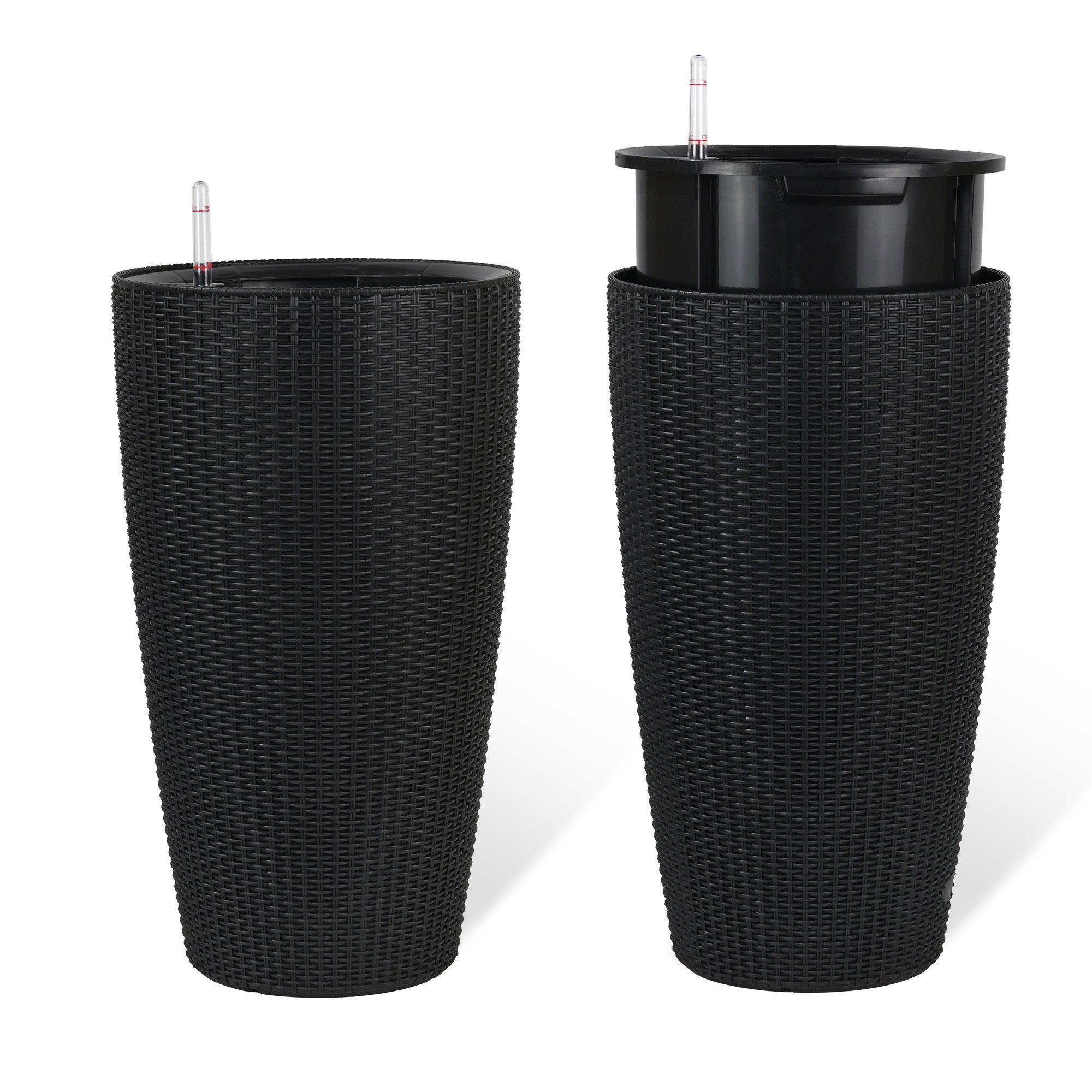 Faux Rattan Tall Planters Set with Water Level Monitor and Auto Watering, Black, Polypropylene, 22 Inch
