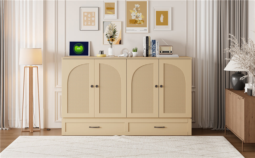 Queen Size Murphy Bed with Large Drawers, Gold