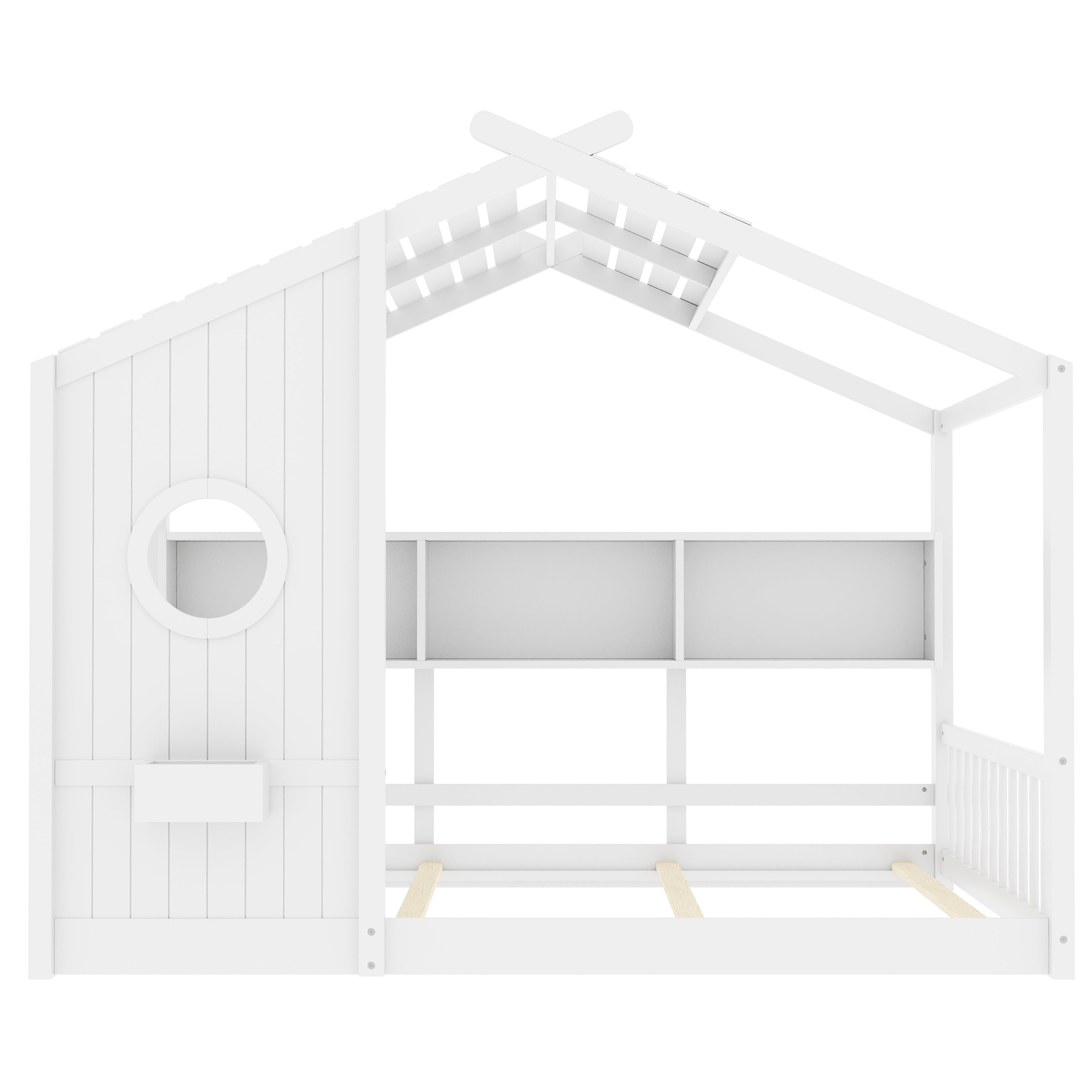 Full Size Floor House Bed for Toddler, Kids Montessori Bed  with Storage Shelf, Playhouse Bed with Roof Design, White