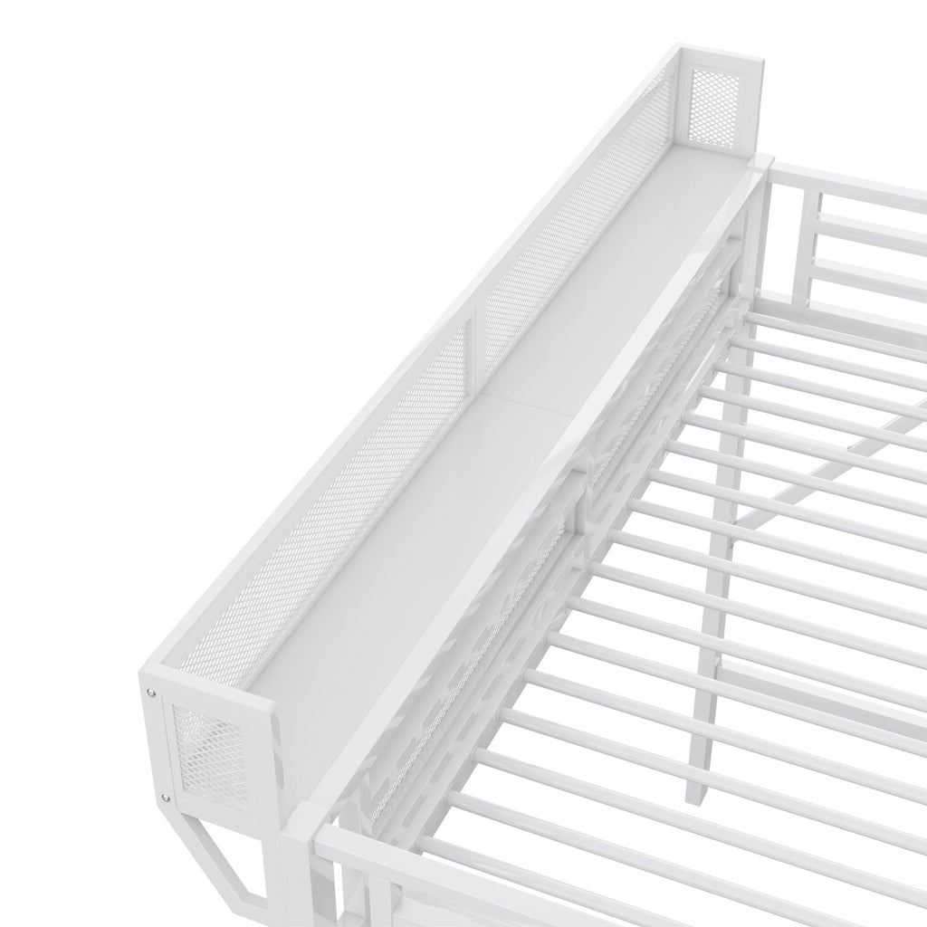 Twin XL Size Loft Bed with Stairs, Metal Full Loft Bed with Storage Shelves, High Loft Bed with Wardrobe for Kids Teens,White(Expect Arrival Date 2025/10/14)