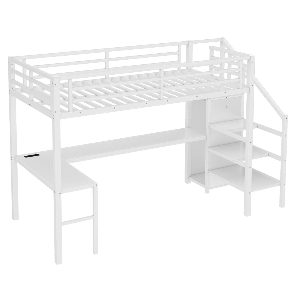 Twin XL Size Loft Bed with L-shaped Desk and USB, Metal Loft Bed with Wardrobe and Adjustable Shelf, High Loft Bed with LED for Kids Teens Adults, White