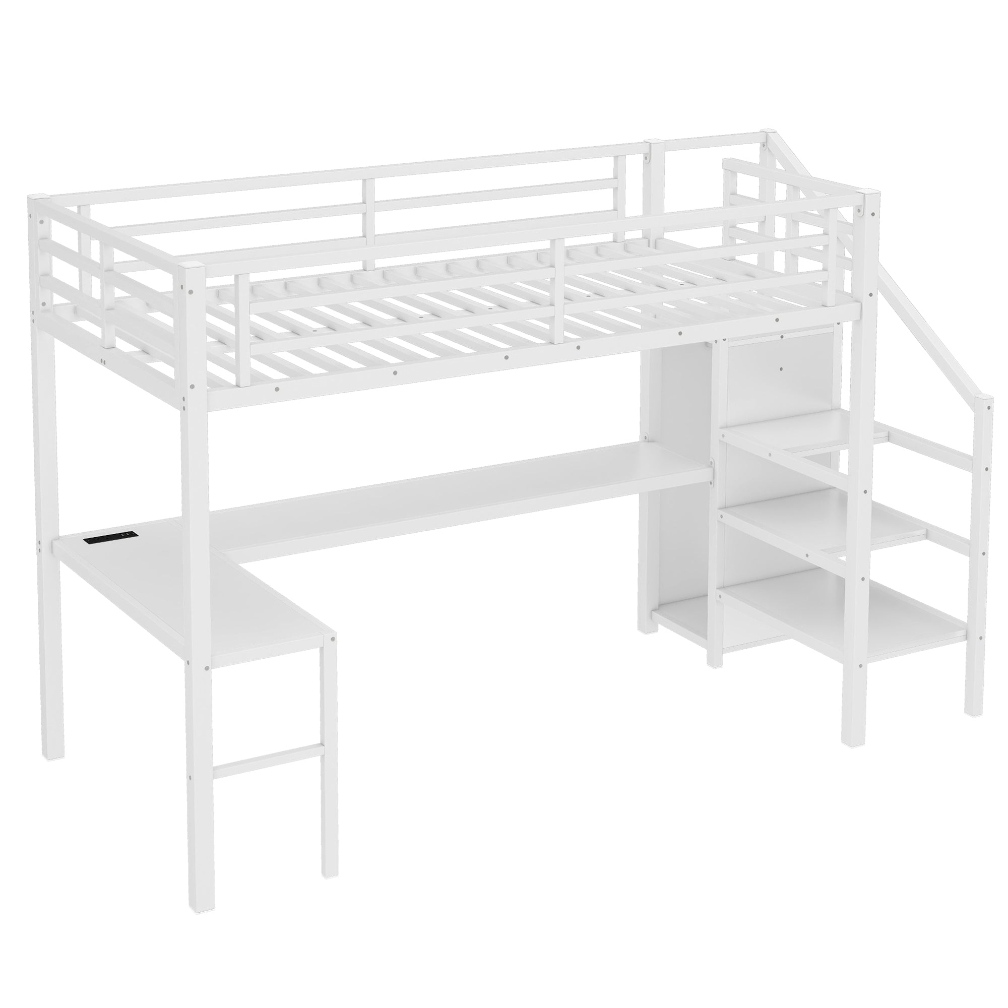 Twin XL Size Loft Bed with L-shaped Desk and USB, Metal Loft Bed with Wardrobe and Adjustable Shelf, High Loft Bed with LED for Kids Teens Adults, White
