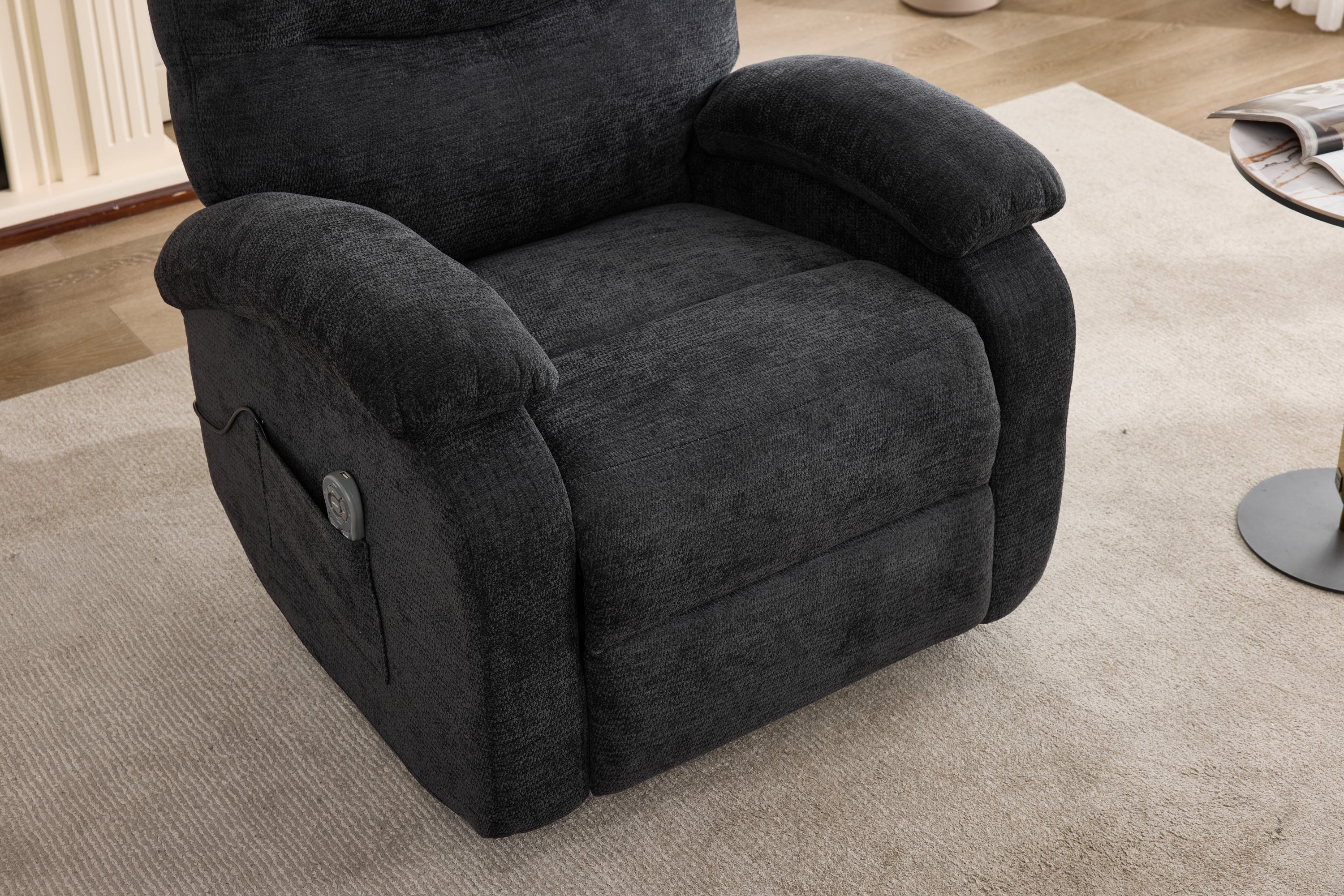 Hot massage manual lounge chair, with rocker arms and rotating fabric, with cup bucket, for living room, black