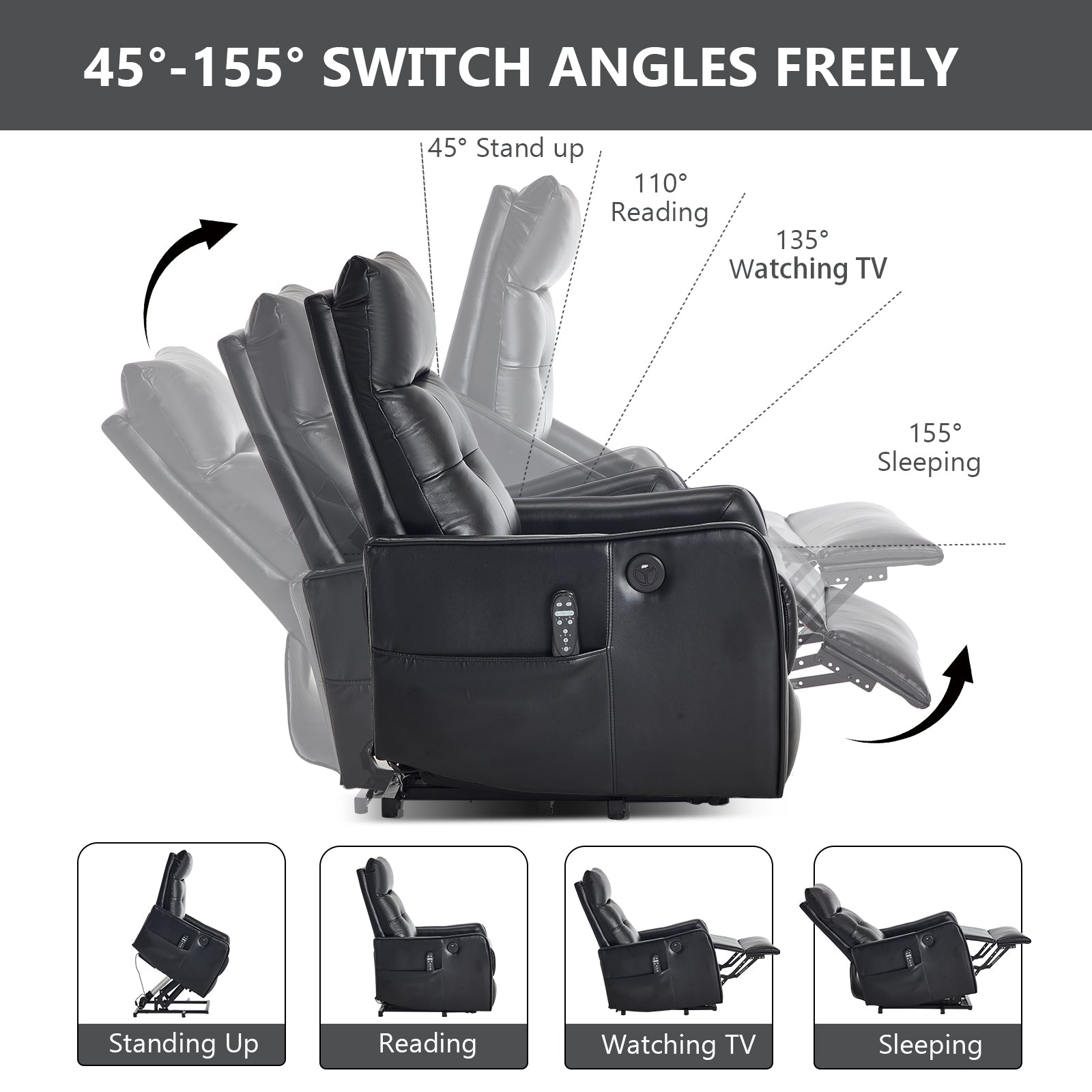 Black PU Single Motor Power Lift Recliner Chair with Massage and Heat for Elderly, Heavy Duty Motion Mechanism and One USB for Charging, Max Reclining Angle 155°