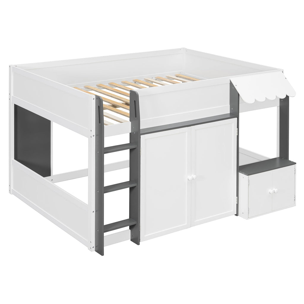 Full Loft House Bed with Playhouse & Storage, Modern Wood Cabin Bed for Kids/Teens, White+Gray