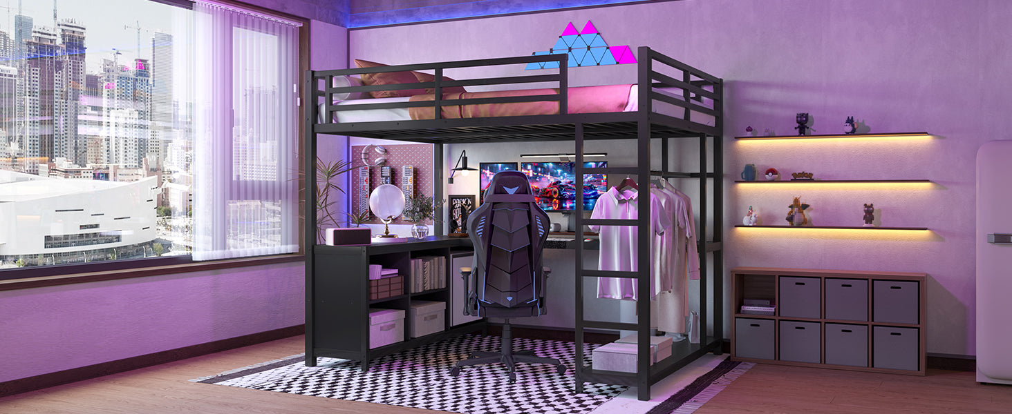 Metal Loft Bed with Wardrobe and L-shaped Desk, Full Size Loft Bed with Storage Cubes and Shelves, Loft Bed for Kids Teens Adults, Black