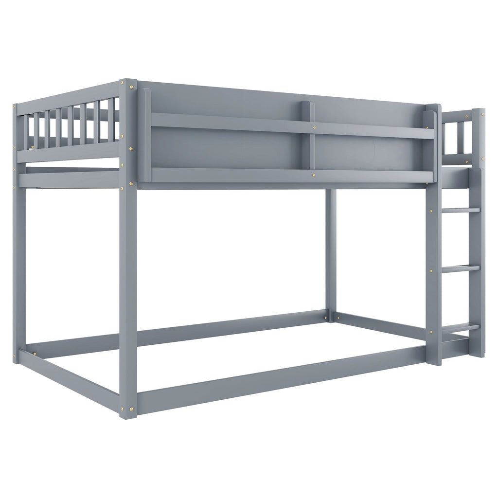 Low Twin Over Twin Bunk Bed, Floor Bunk Bed with Ladder, Solid Wood Twin Bunk Bed for Kids & Juniors, Grey(Expect Arrival Date 2025/11/25)