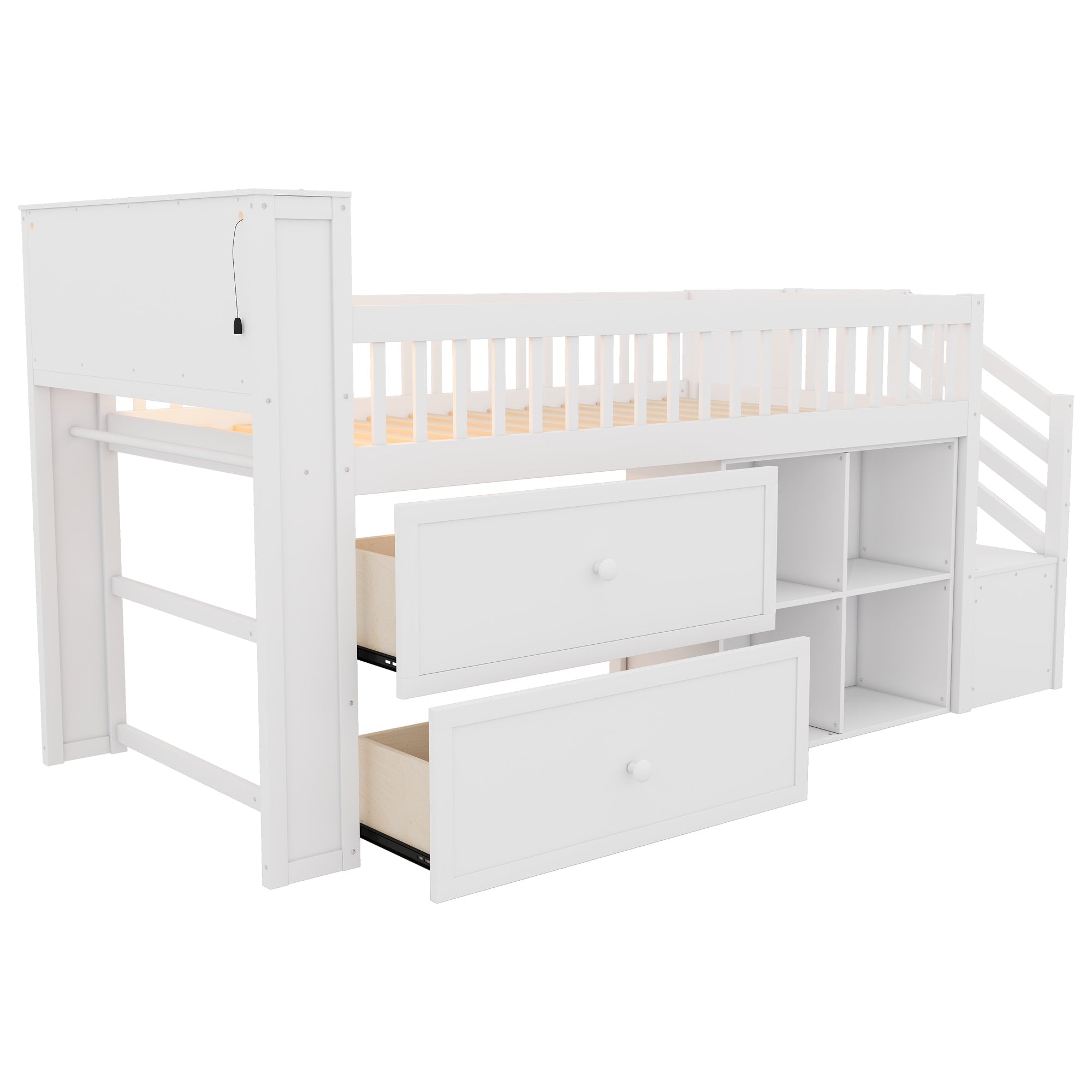 Twin Size Loft Bed with LED and Bookshelf, Wood Low Loft Bed with Stairs, Kids Twin Loft Bed with Storage Drawers and Shelves,White (Expect Arrival Date 2025/1/20)