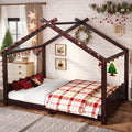 Full House Floor Bed with Support Slats, Solid Wood House Bed Frame for Kids, No Box Spring Needed and Opening Constructure, Espresso