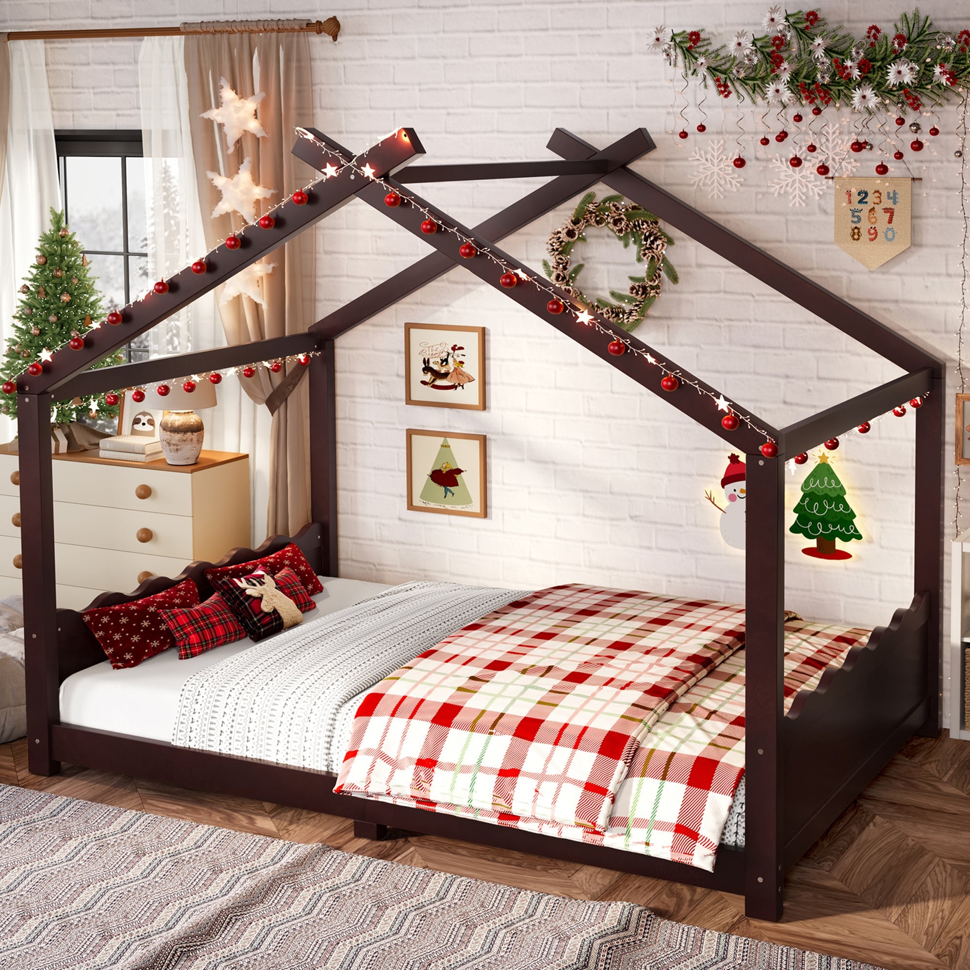 Full House Floor Bed with Support Slats, Solid Wood House Bed Frame for Kids, No Box Spring Needed and Opening Constructure, Espresso