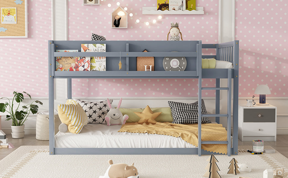 Low Twin Over Twin Bunk Bed, Floor Bunk Bed with Ladder, Solid Wood Twin Bunk Bed for Kids & Juniors, Grey(Expect Arrival Date 2025/11/25)