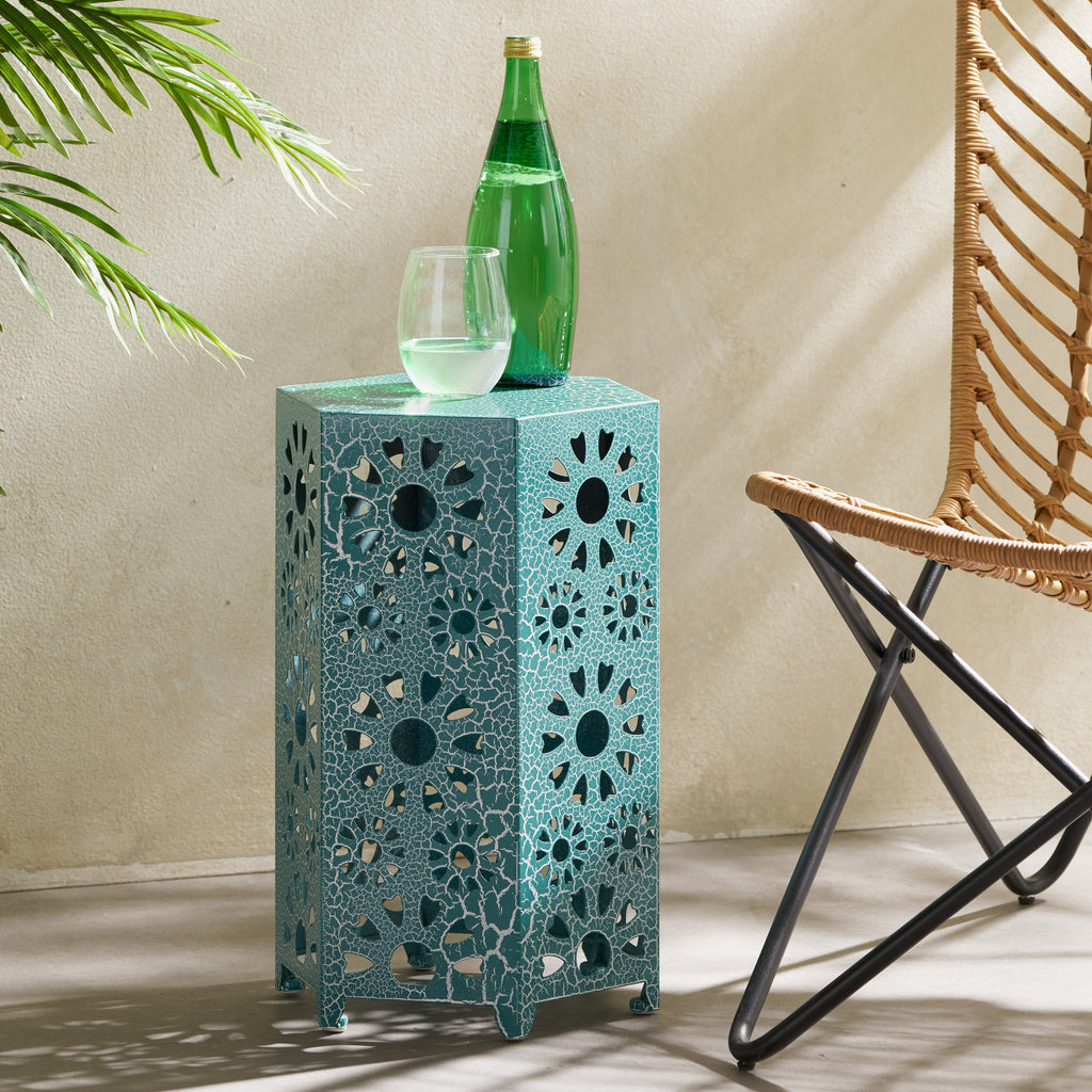 ELIANA Modern 12' Side Table with Iron Frame in Teal Finish
