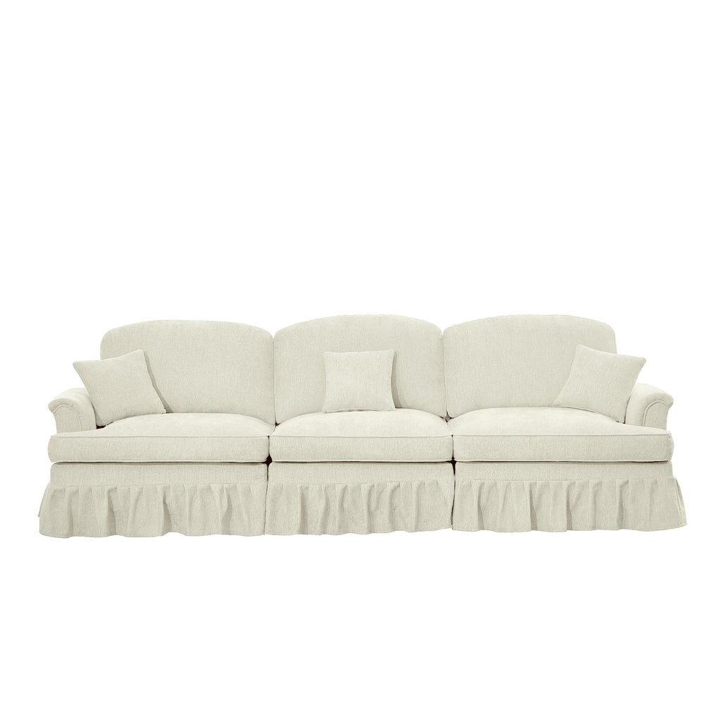 Elegant Mid Century Large 3 Seater Sofa Couch with Flared Arms and Removable Ruffles Pleats Skirts and Spindle Legs, Comfy Chenille Three-Seat Sofa for Living Room, Beige White