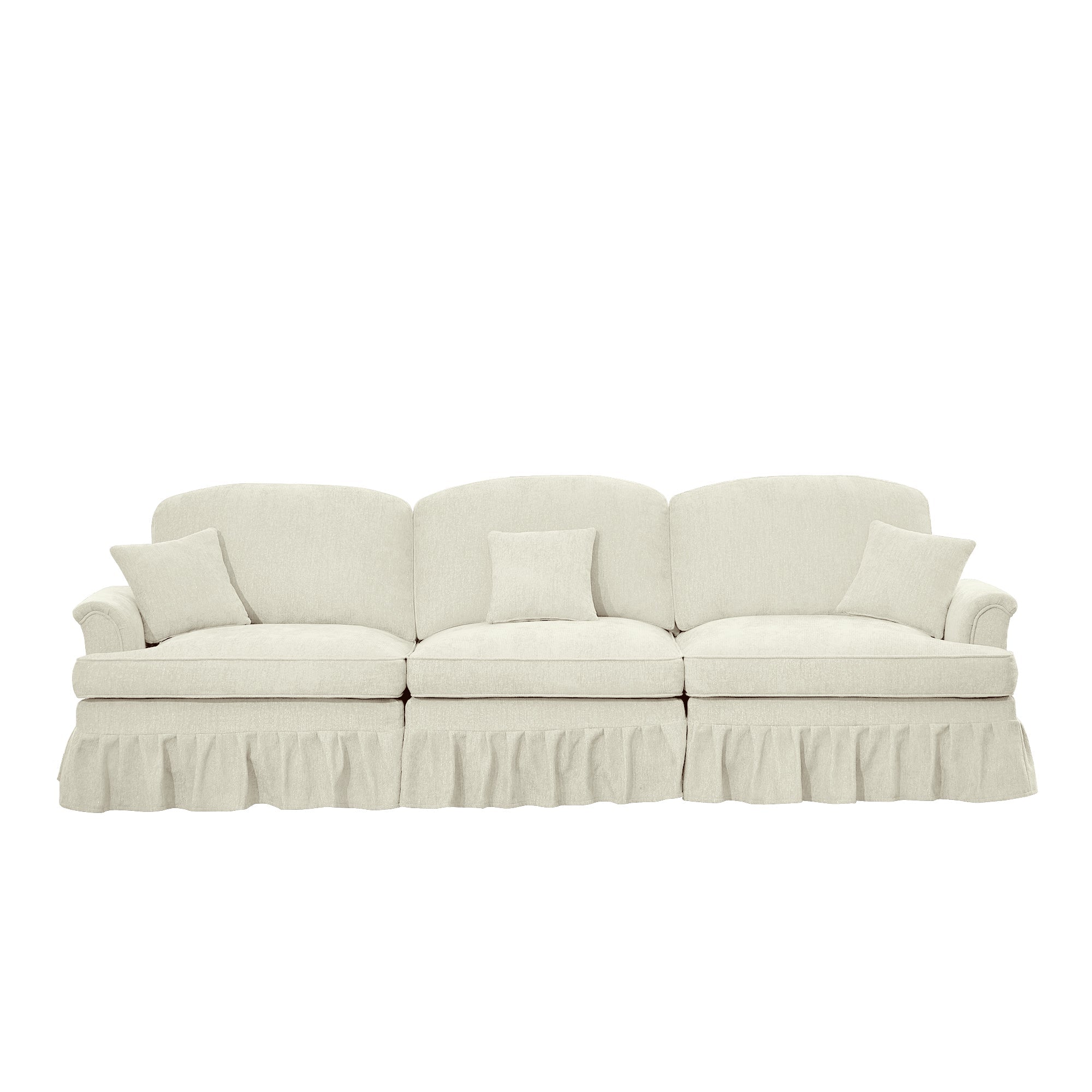 Elegant Mid Century Large 3 Seater Sofa Couch with Flared Arms and Removable Ruffles Pleats Skirts and Spindle Legs, Comfy Chenille Three-Seat Sofa for Living Room, Beige White