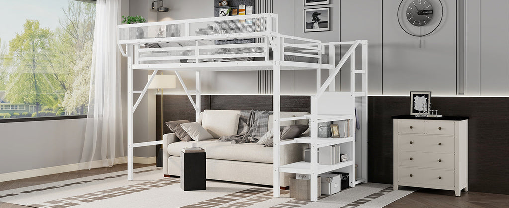 Twin XL Size Loft Bed with Stairs, Metal Full Loft Bed with Storage Shelves, High Loft Bed with Wardrobe for Kids Teens,White(Expect Arrival Date 2025/10/14)