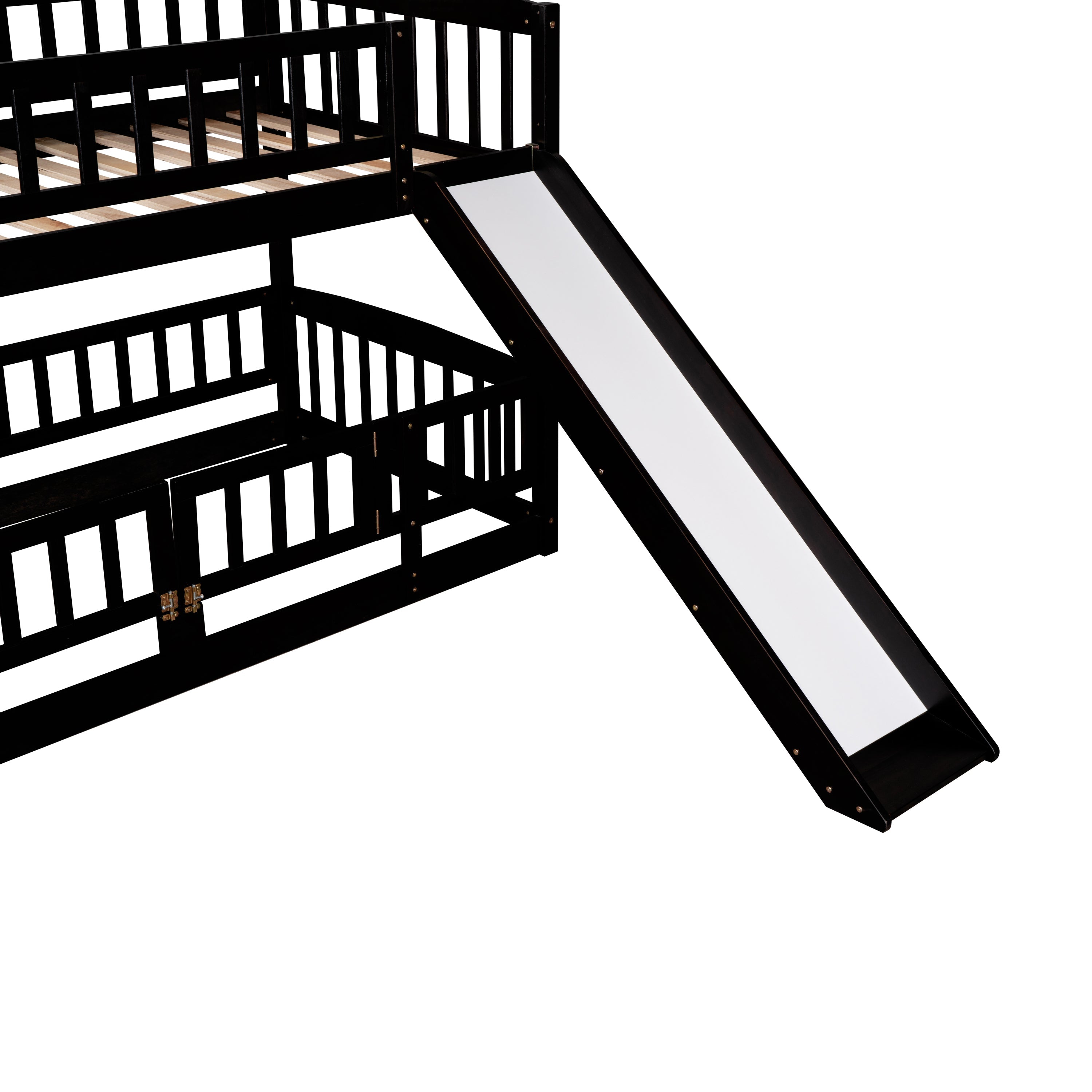 Bunk Bed with Slide,Twin Over Twin Low Bunk Bed with Fence and Ladder for Kids Teens Espresso