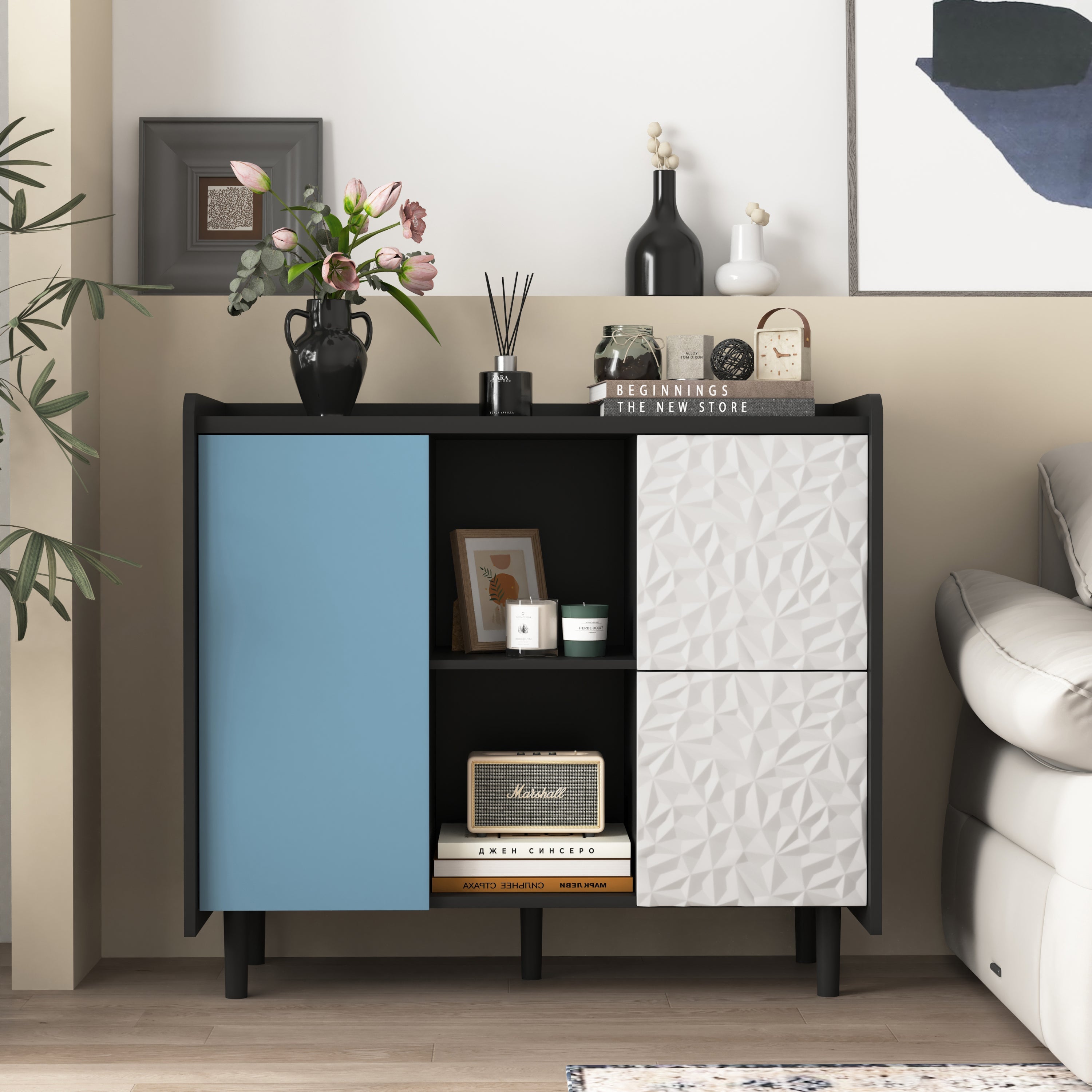 Sideboard Buffet Cabinet, Black Storage Cabinet with Red Doors , 2 Drawers with unique panel styling and 2 Open Storage Compartment, Modern Coffee Bar Cabinet Accent Cabinet for Kitchen, Dining Room,