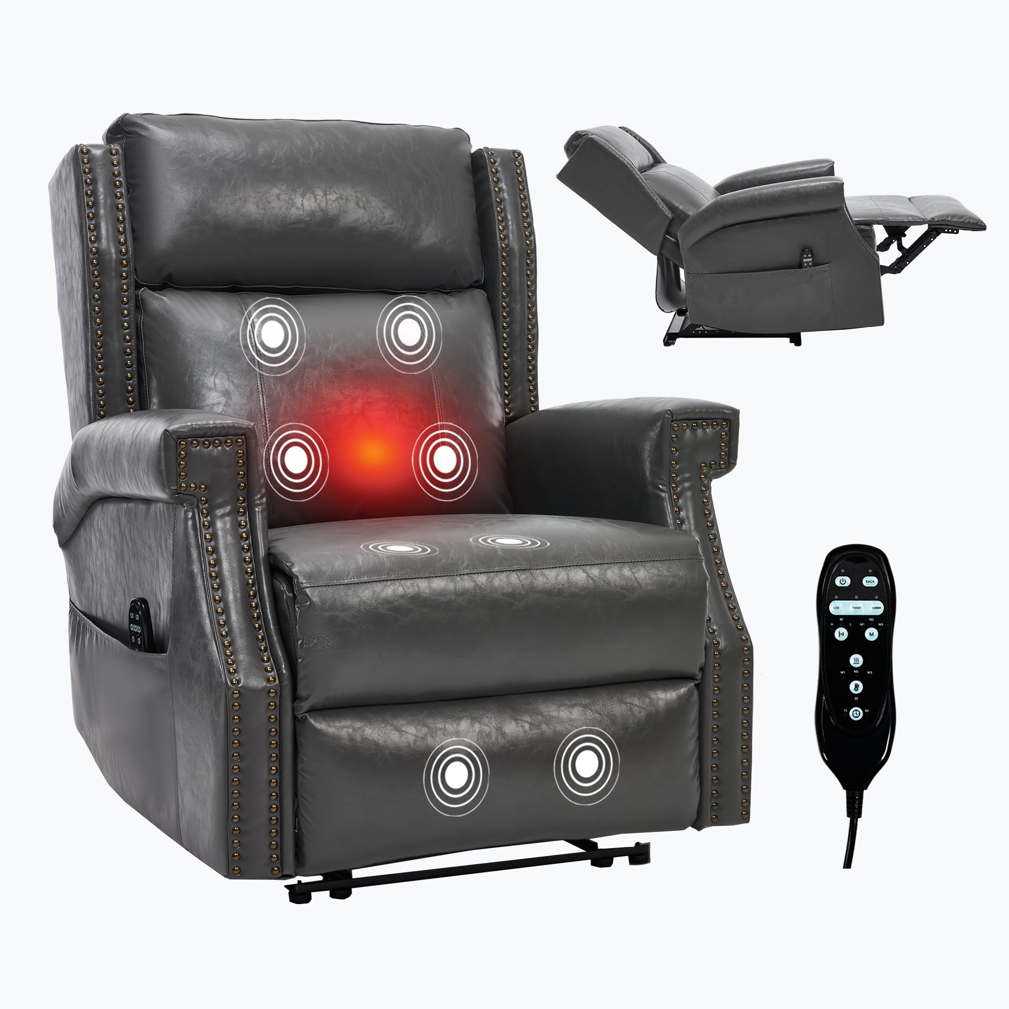 Grey Manual Recliner Chair in Faux Leather for Living Room with Heavy Duty Motion Mechanism, 8 vibrating nodes and 3 massage modes.
