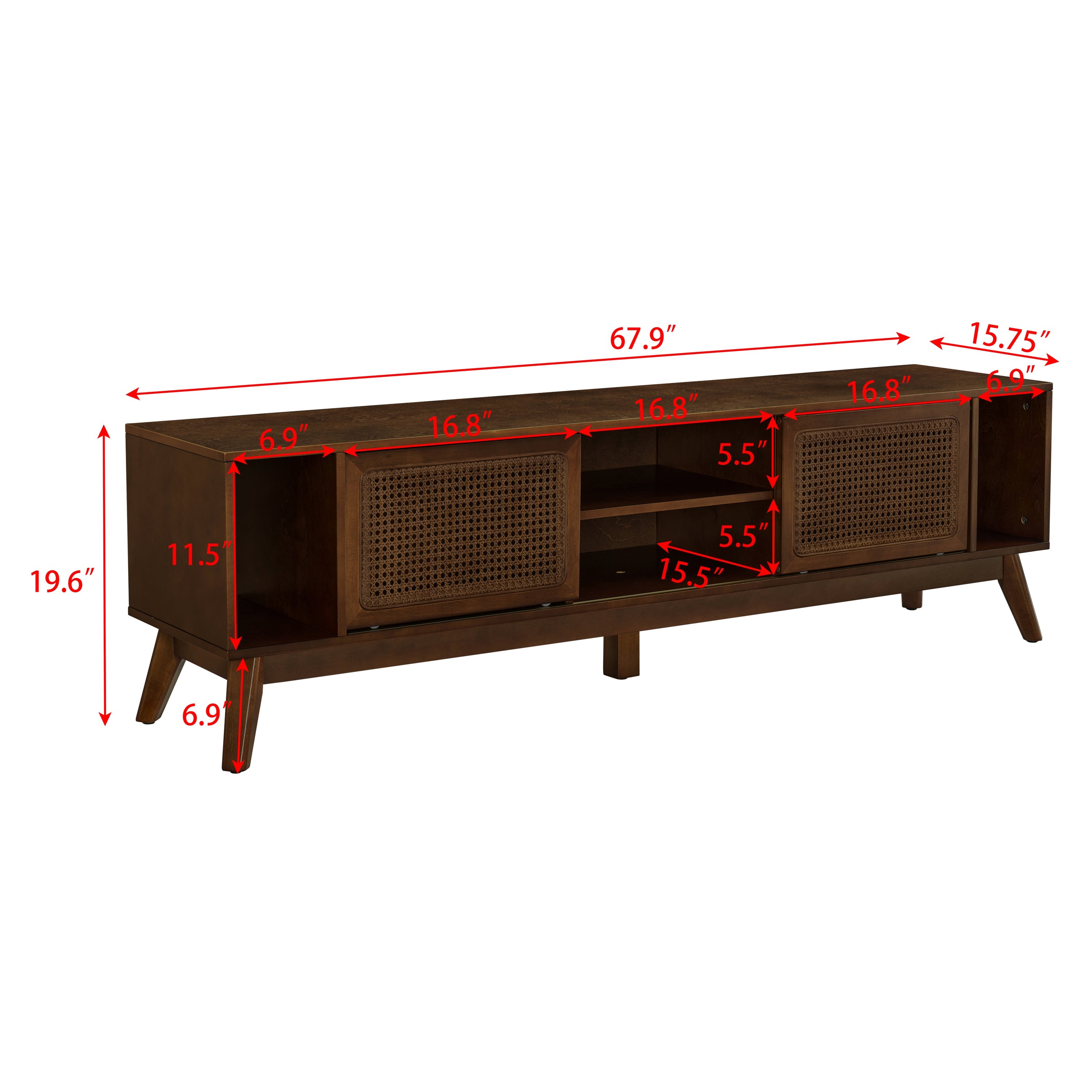 67.9 Inch Mid Century Modern Rattan TV Stand for TVs up to 75', Entertainment Cabinet, Media Console for Living Room Media Room, Solid Wood Feet & Rattan Cabinet Doors - Walnut