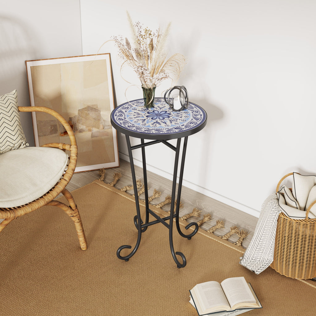 French Country Patio Side Table with Vibrant Tile Top, Blue and Black, Ceramic Tile and Iron, 14x14x23.25 Inches