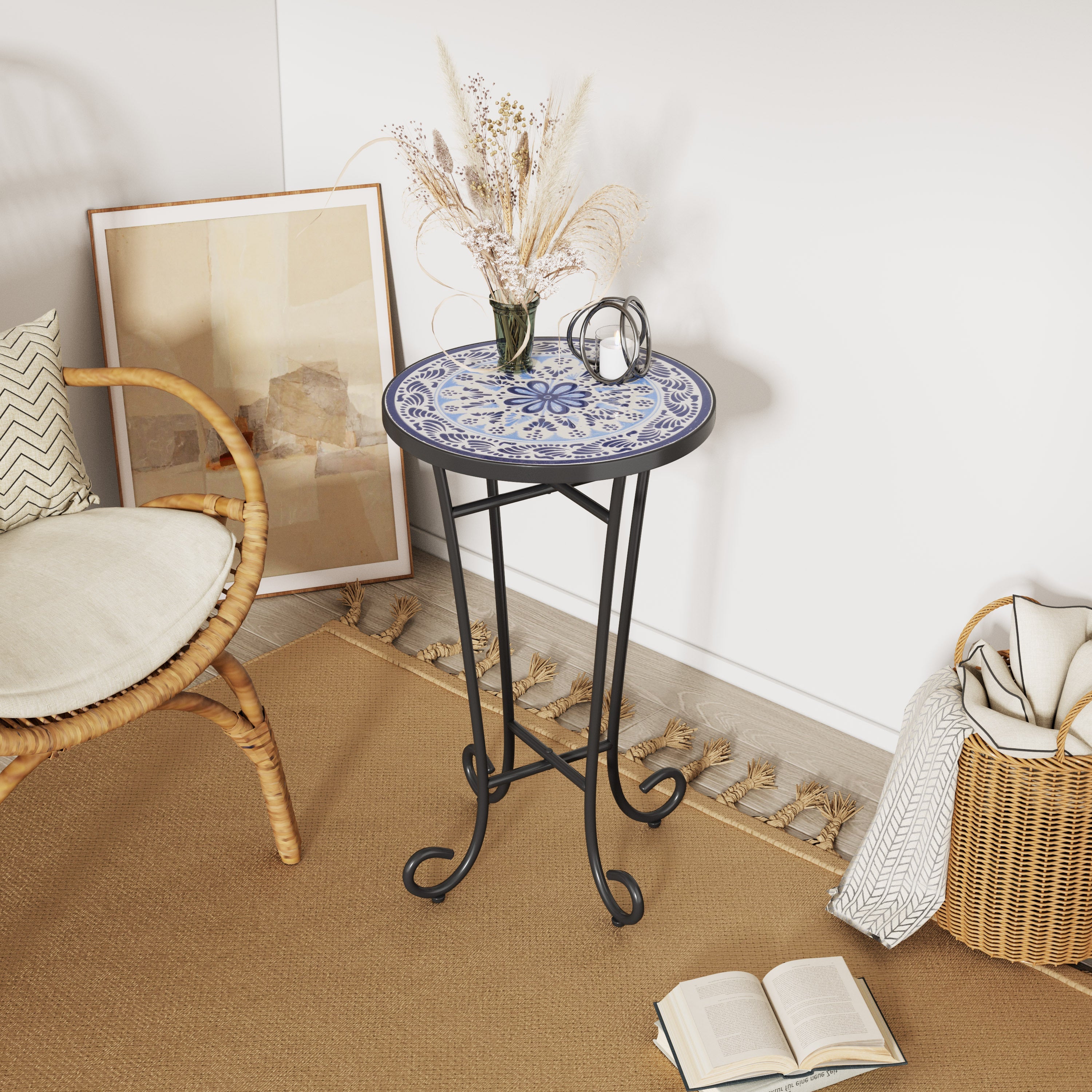 French Country Patio Side Table with Vibrant Tile Top, Blue and Black, Ceramic Tile and Iron, 14x14x23.25 Inches