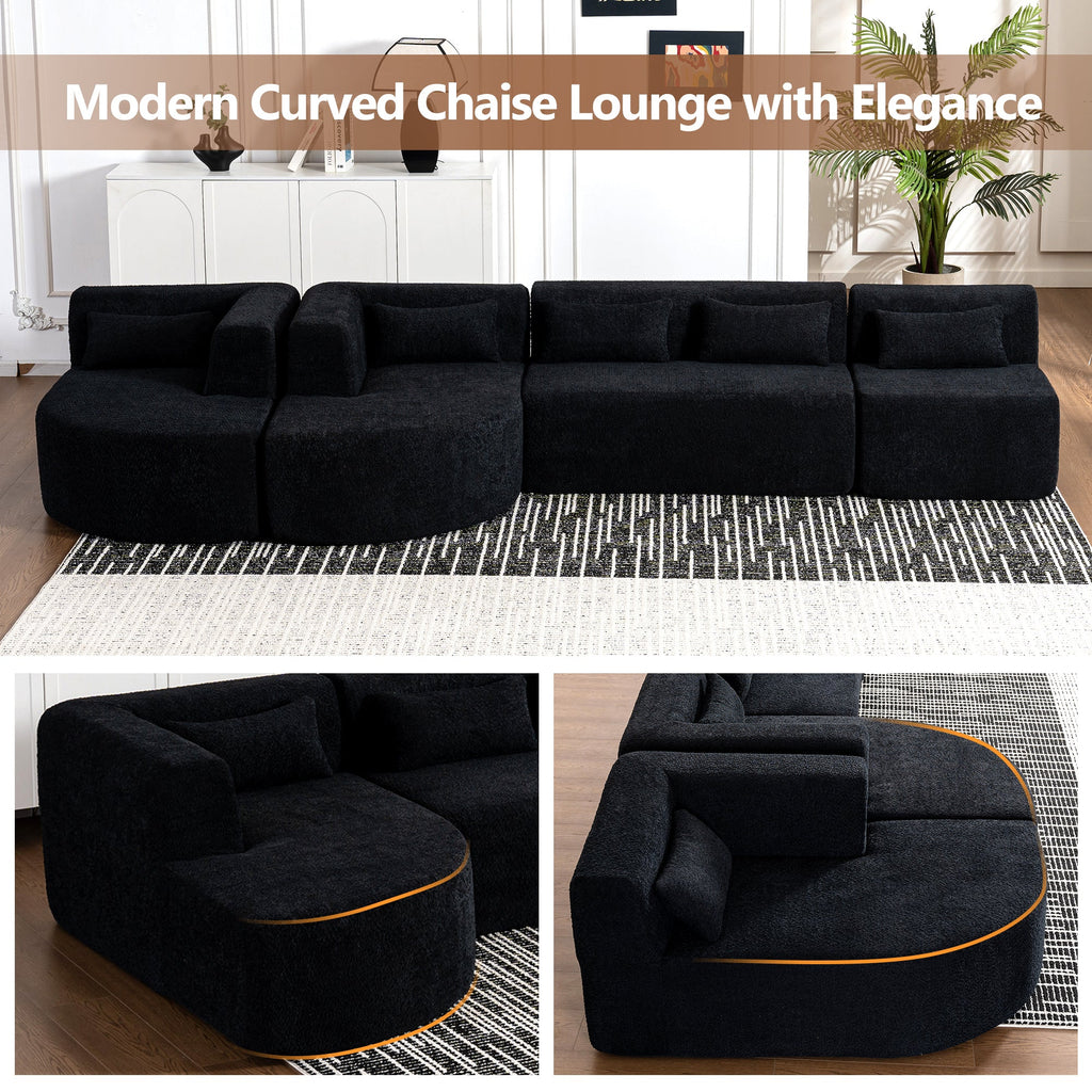 144' Upholstered Sofa Free-combined Sofa Couch with Two Chaise Lounge and Five Back Pillows for Living Room(Old SKU: N719S001600B), Black