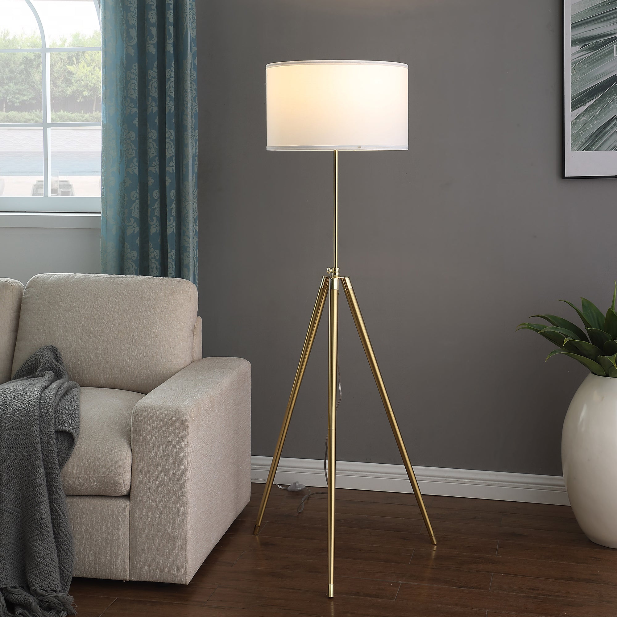 64' - 47'H Adjustable Height Brass/Shiny Gold Modern Tripod Floor Lamp for Living Room, Standing Lamp for Bedroom