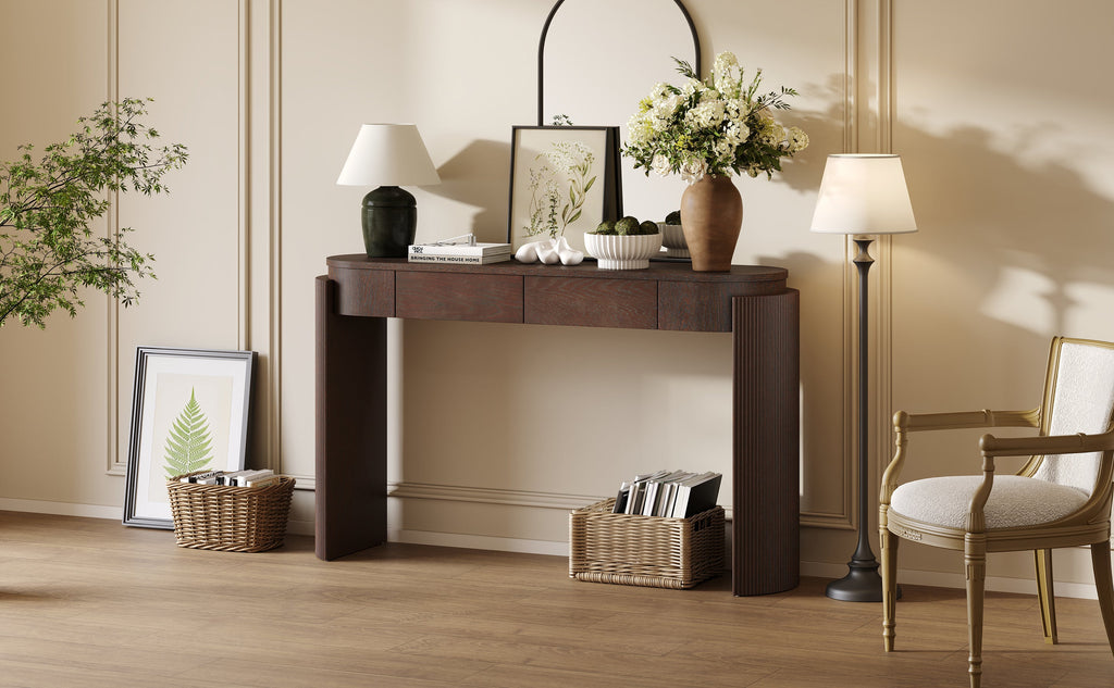 TREXM Entryway Table with Natural Wood Grain Finish, Console Table with Fluted Design, Oval Top and 2 Drawers for Entryway and Living Room (Espresso)