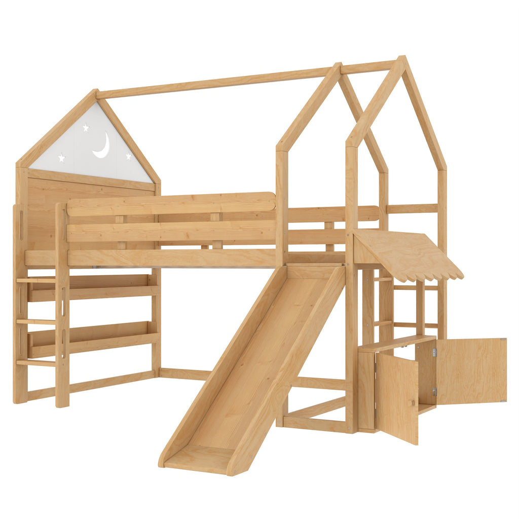 Full Size Loft Bed with Bookshelf Playful Design for Kids House-Shaped Structure with Slide High-Quality Safety Rails,Natural