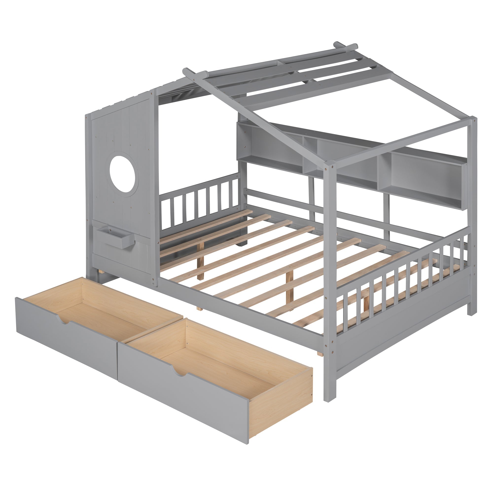 Wooden Full Size House Bed with 2 Drawers,Kids Bed with Storage Shelf, Gray(Old SKU: HL000052AAE)