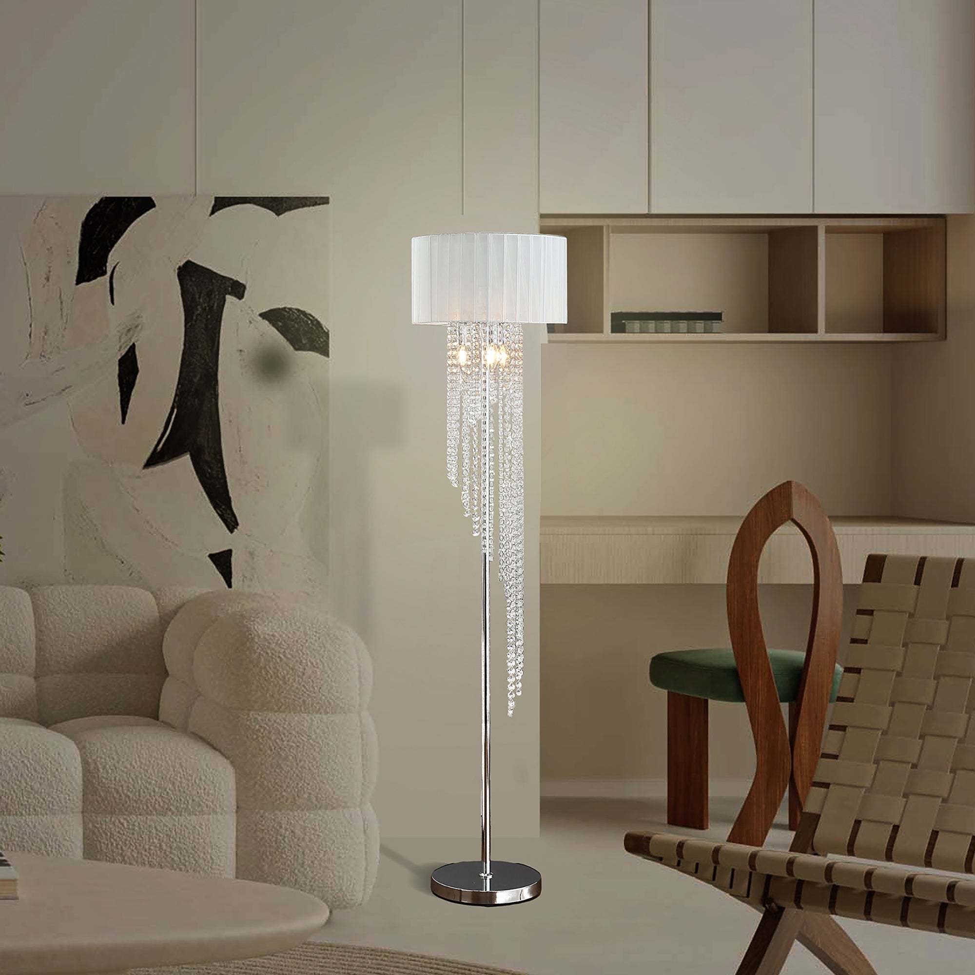 65.75'H Sheer White Drum Shade Rain Crystal Chrome Metal Floor Lamp for Living Room, Standing Lamp for Bedroom