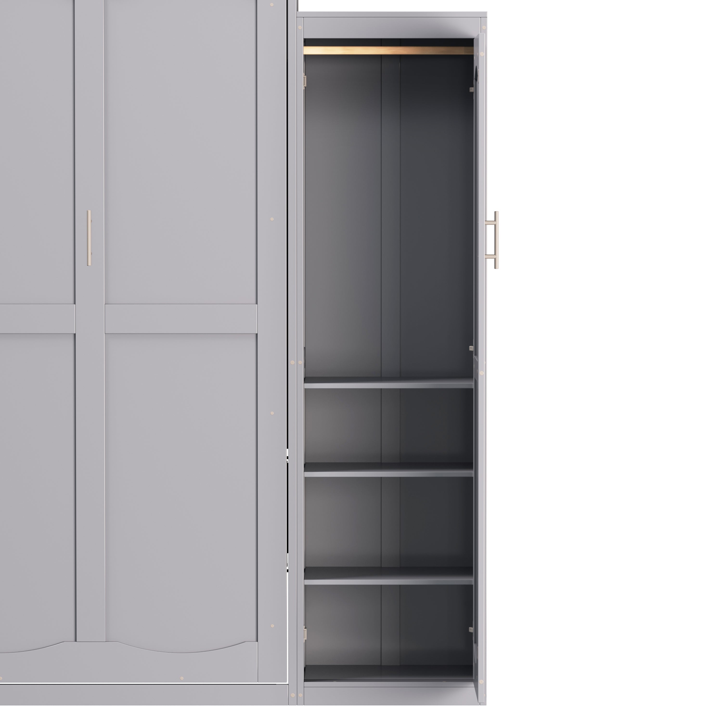 Queen Size Murphy Bed, Wooden Queen Wall Bed with 2 Wardrobe and Storage Shelf, Multifunctional Foldable Platform Bedframe for Guest-Room, Bedroom, Gray