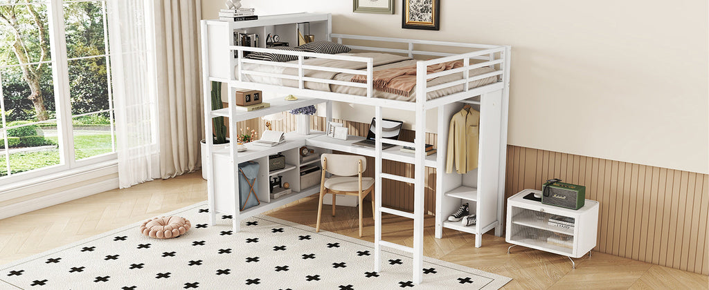 Metal Loft Bed with Wardrobe And L-shaped Desk, Full Size Loft Bed with Storage Cubes and Shelves, Heavy Duty Loft Bed for Kids Teens Adults, White