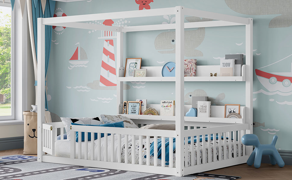 Full Size Canopy Bed with Guardrails, Solid Wood Floor Bed with Shelves, Montessori Floor Bed Frame for Kids, Boys, Girls, No Spring Box Needed, White