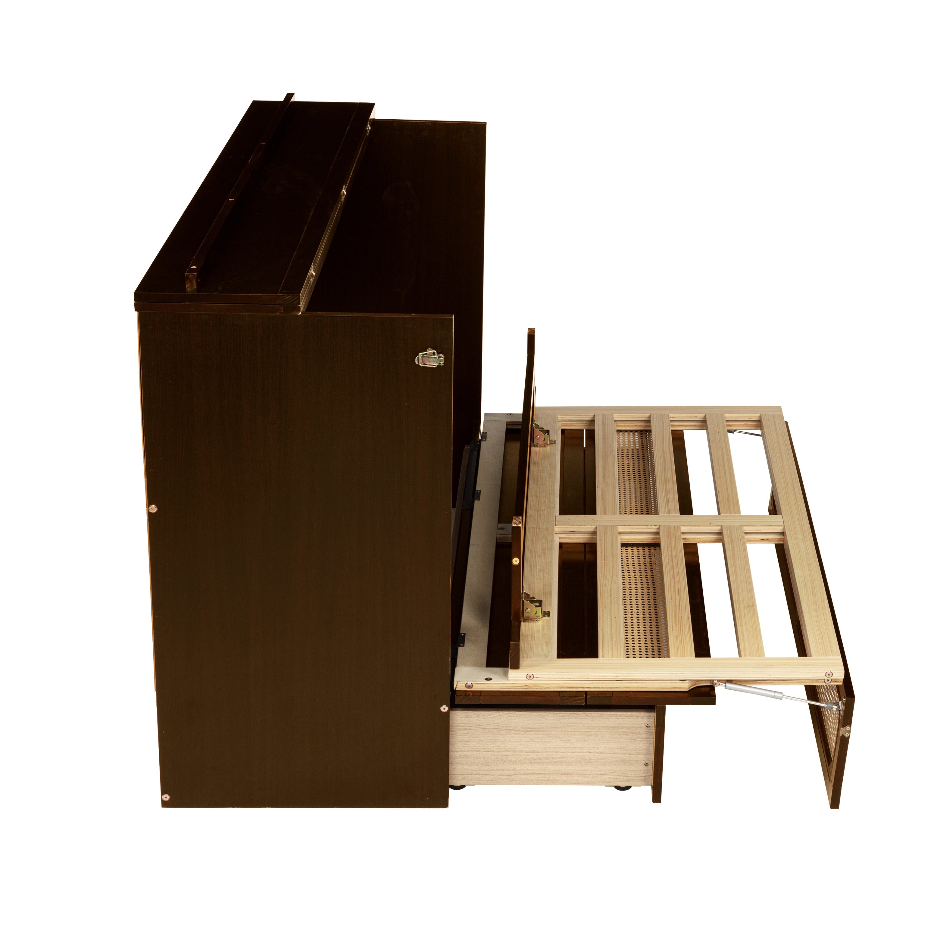 Queen Size Murphy Bed, Pine Wood Cabinet Bed with Rattan Decoration and Storage Drawer,Walnut
