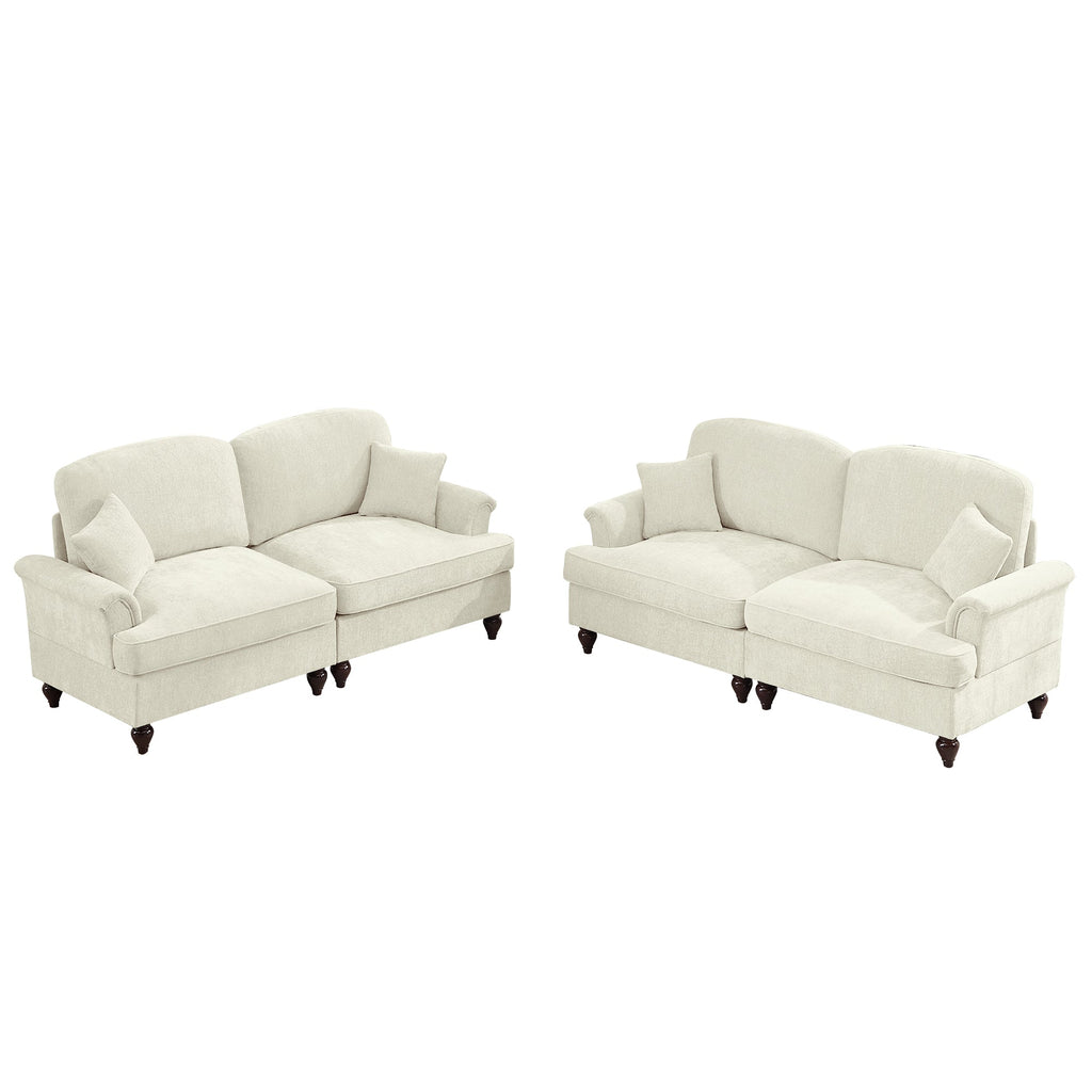 Classic 2 Piece Modular Couch Living Room Sofa Set with Flared Arms and Removable Ruffles Pleats Skirts and Spindle Legs, 2 Seater Sofa + 2-Seat Loveseat Sofa Sets for Living Room, Beige White